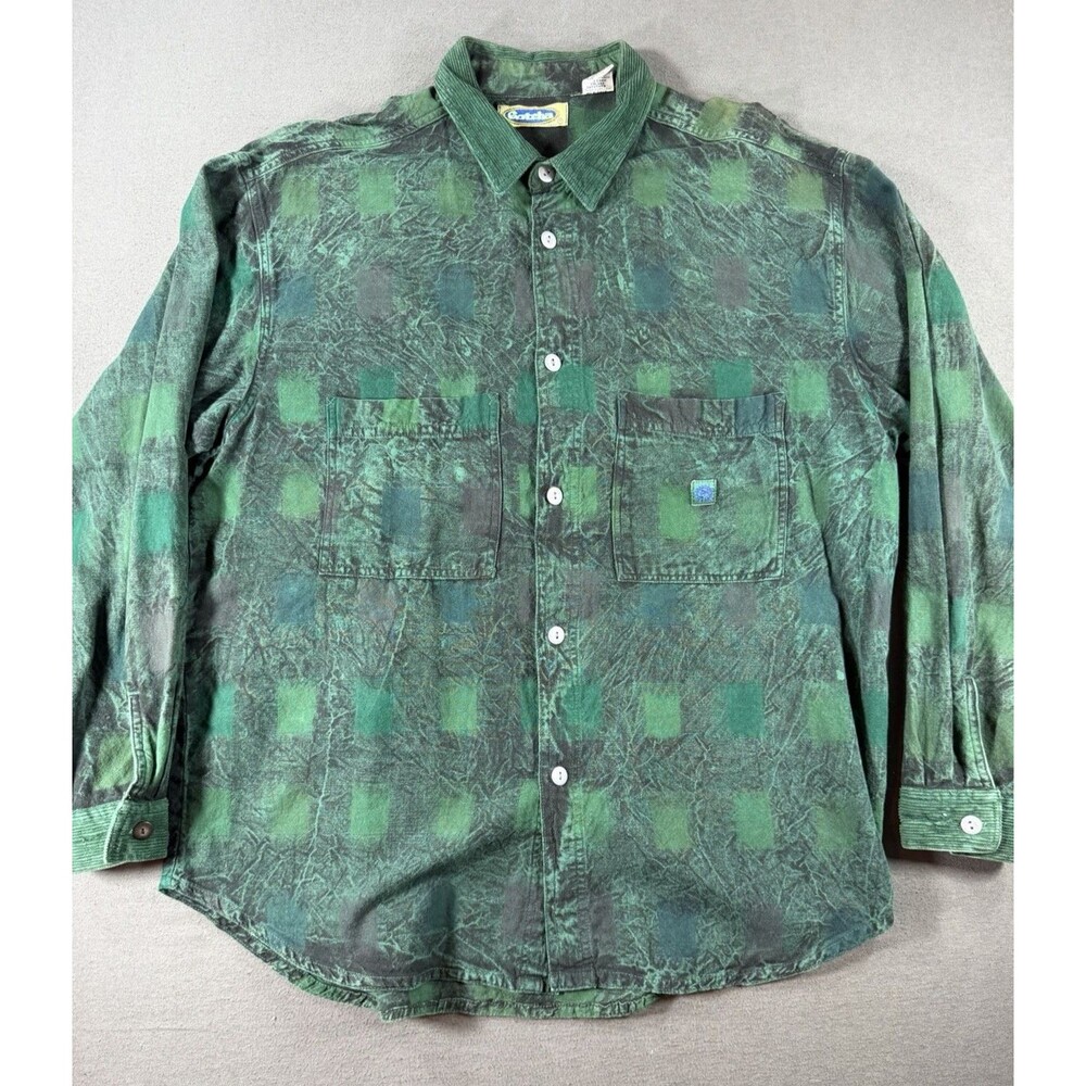 Vintage 90's Gotcha Surf Shirt Mens L Green Abstract Patchwork Corduroy Collar